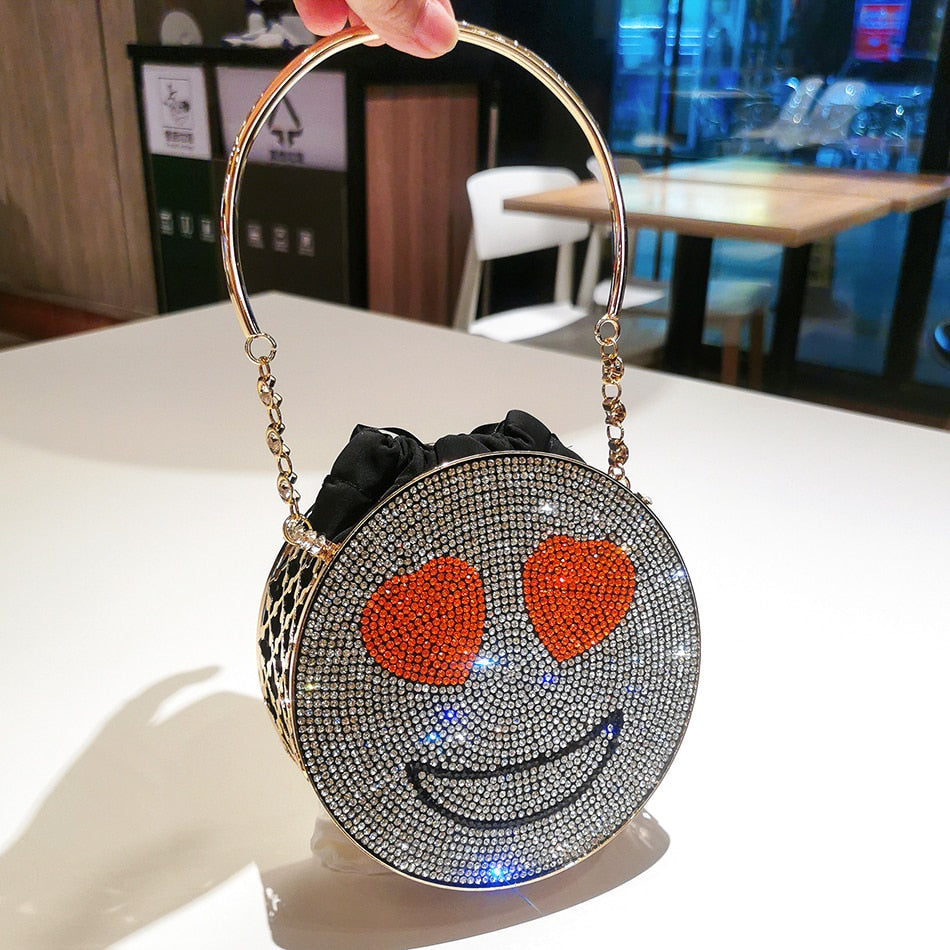 Women's Mini Circular Happy or Sad Rhinestone Dinner Purse And Handbag - 5lky8fttmq
