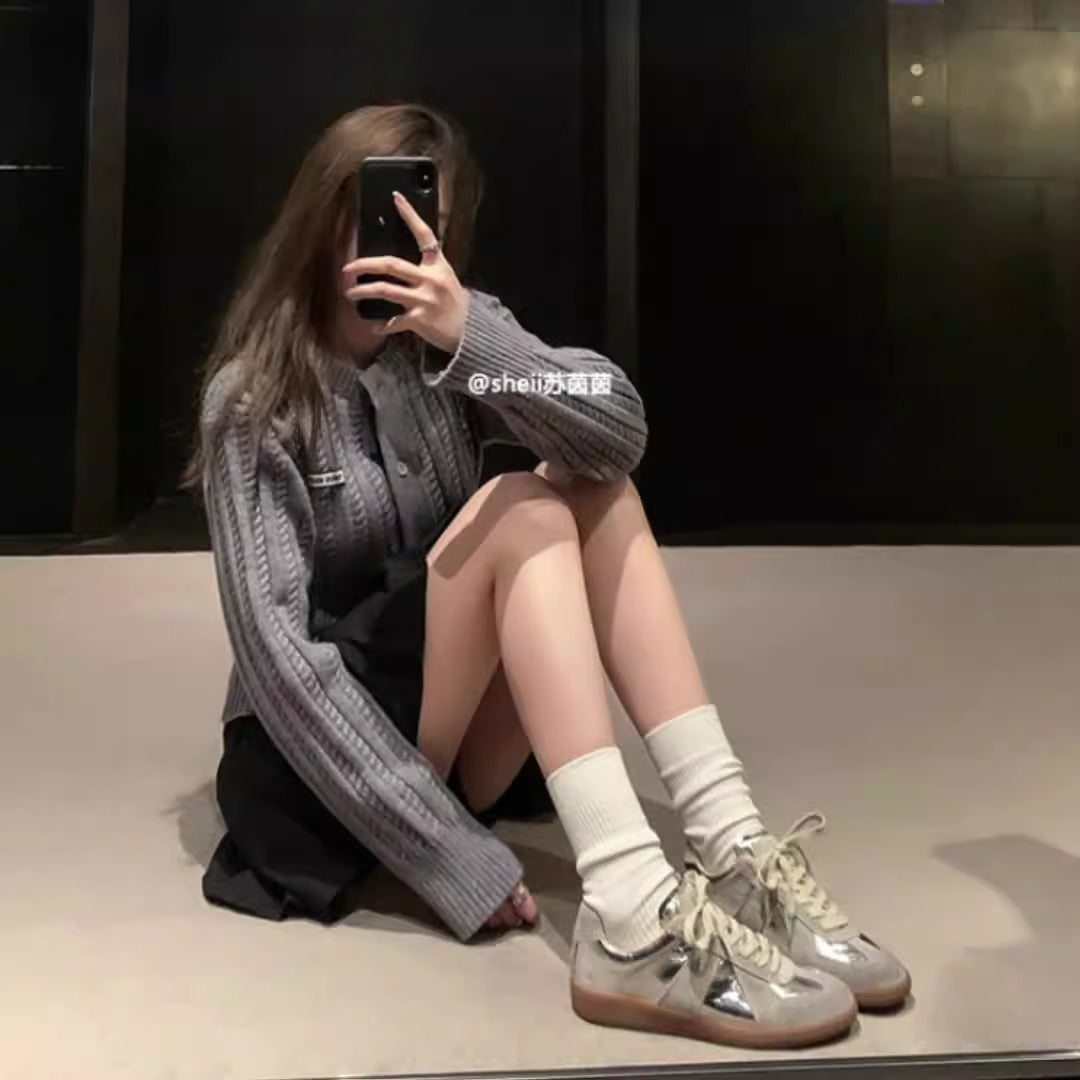 Women's Genuine Leather Metallic Silver Retro Athletic Shoes Sneakers with Stripe Detailing