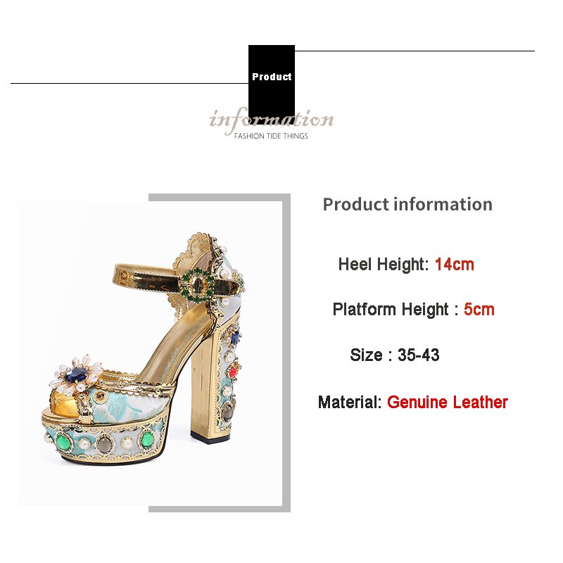 Women's Open Toe Gold-Tone Baroque-Esque Jeweled Decorative Leather Platform Shoes Sandals Heels