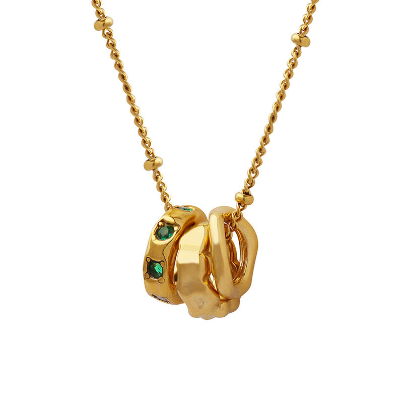 Women's Titanium Steel Pendant Inlaid Green Zircon Three Ring Necklace