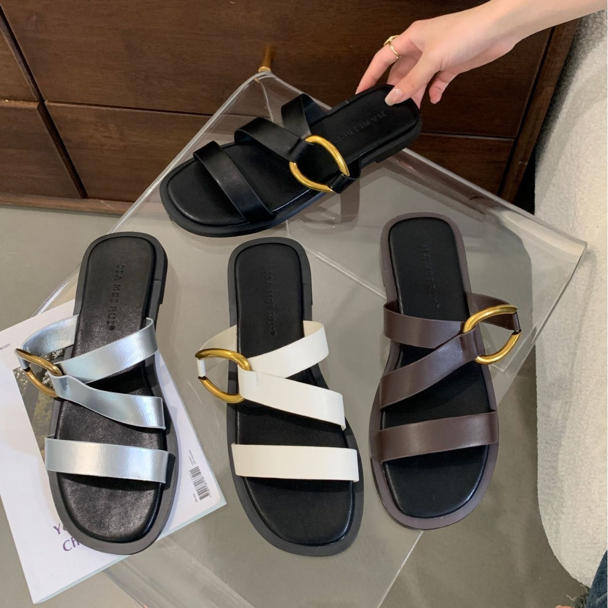 Women's Open-toe Sandals with Gold-tone Buckle Detail