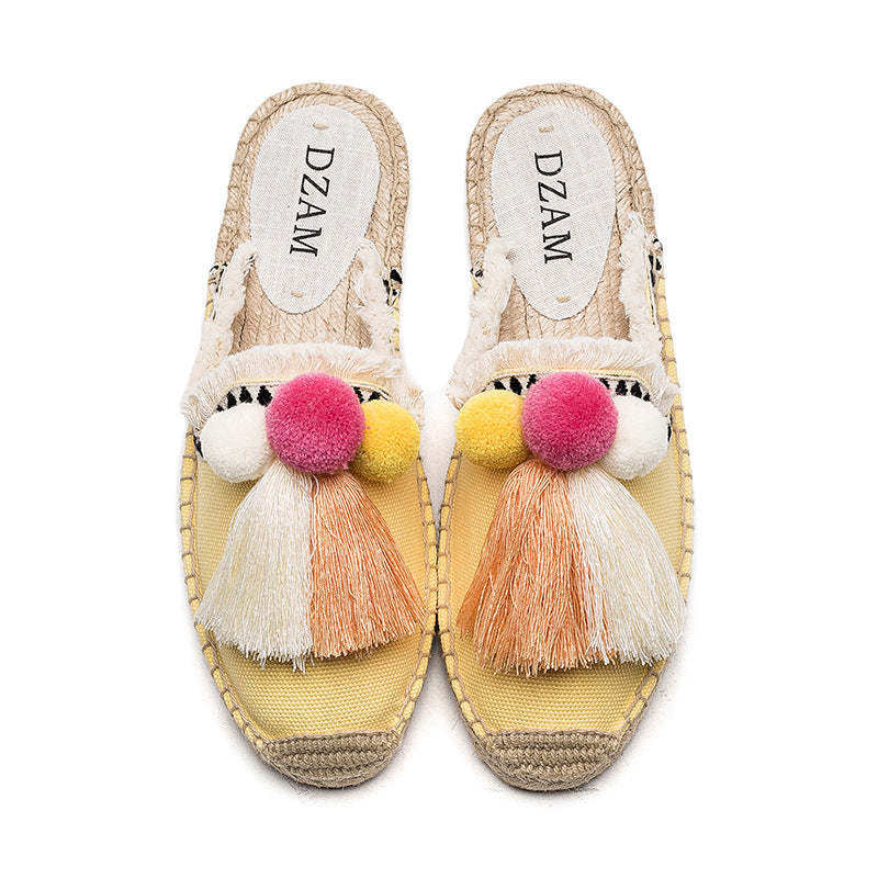Women's Cute Embroidered Slip-On Open Heel Espadrilles/Shoes with Tassel Embellishment