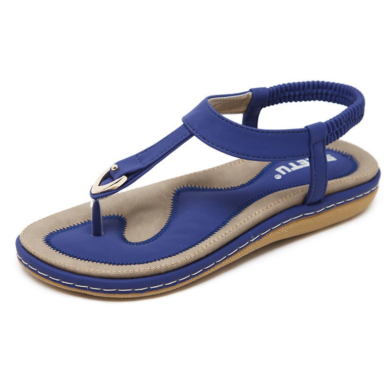 Women's Thong Style Sandals with Gold Buckle Detail & Elastic Ankle Strap
