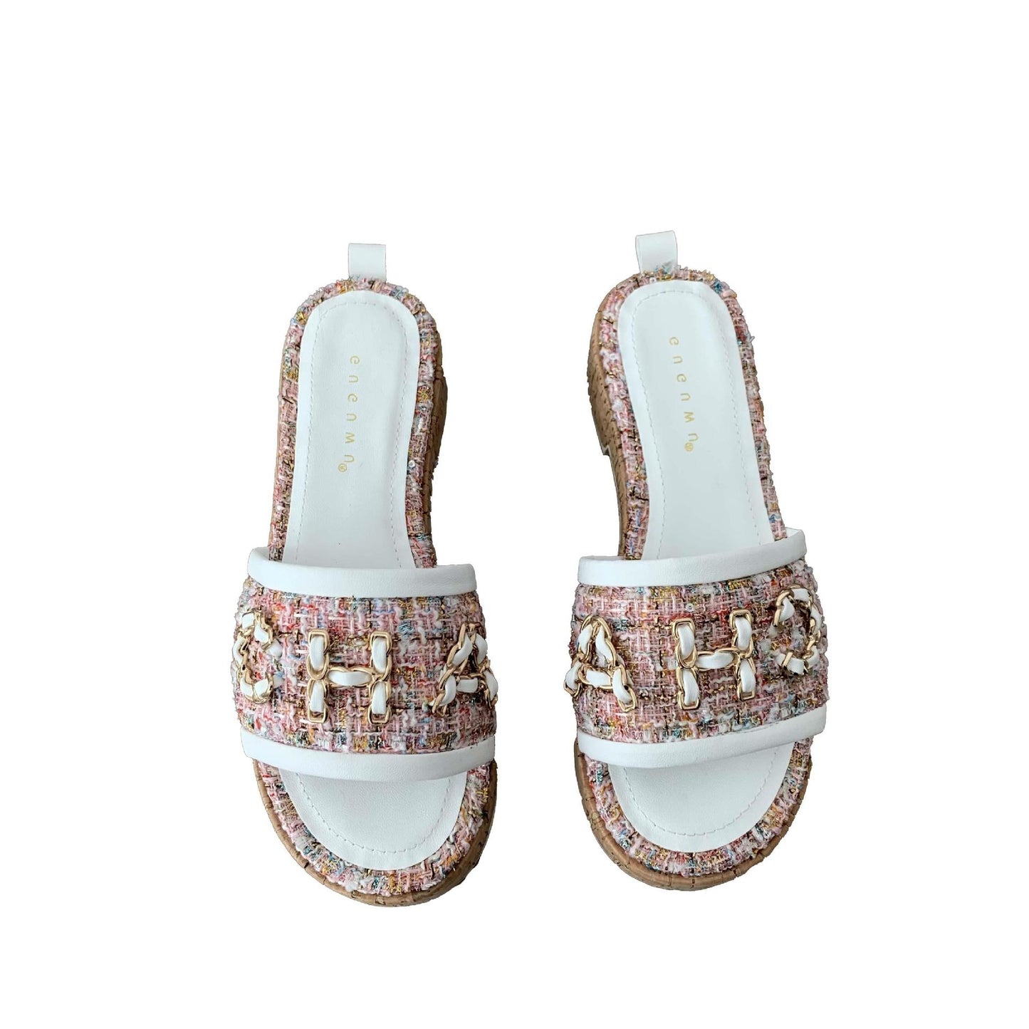 Women's Slip-On Tweed and Metal Chain Detail Cork Slide Sandals