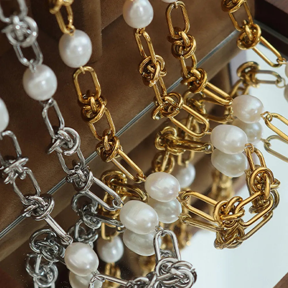 Women's Freshwater Pearl Titanium Steel Chainlink Bracelet