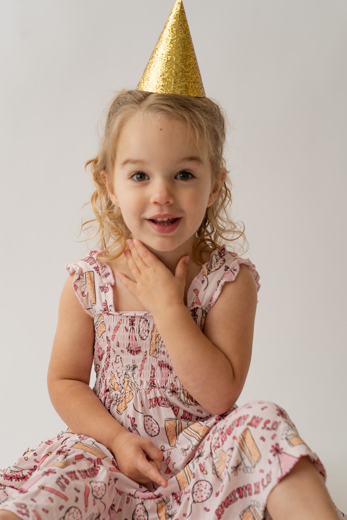 Girl's Birthday Print A-Line Shirred Dress