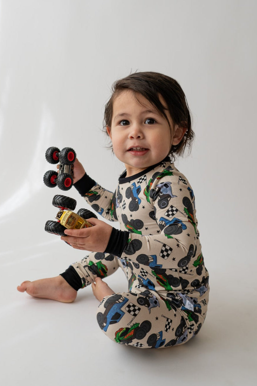 Boy's Bamboo Monster Truck Print 2-piece PJ Set