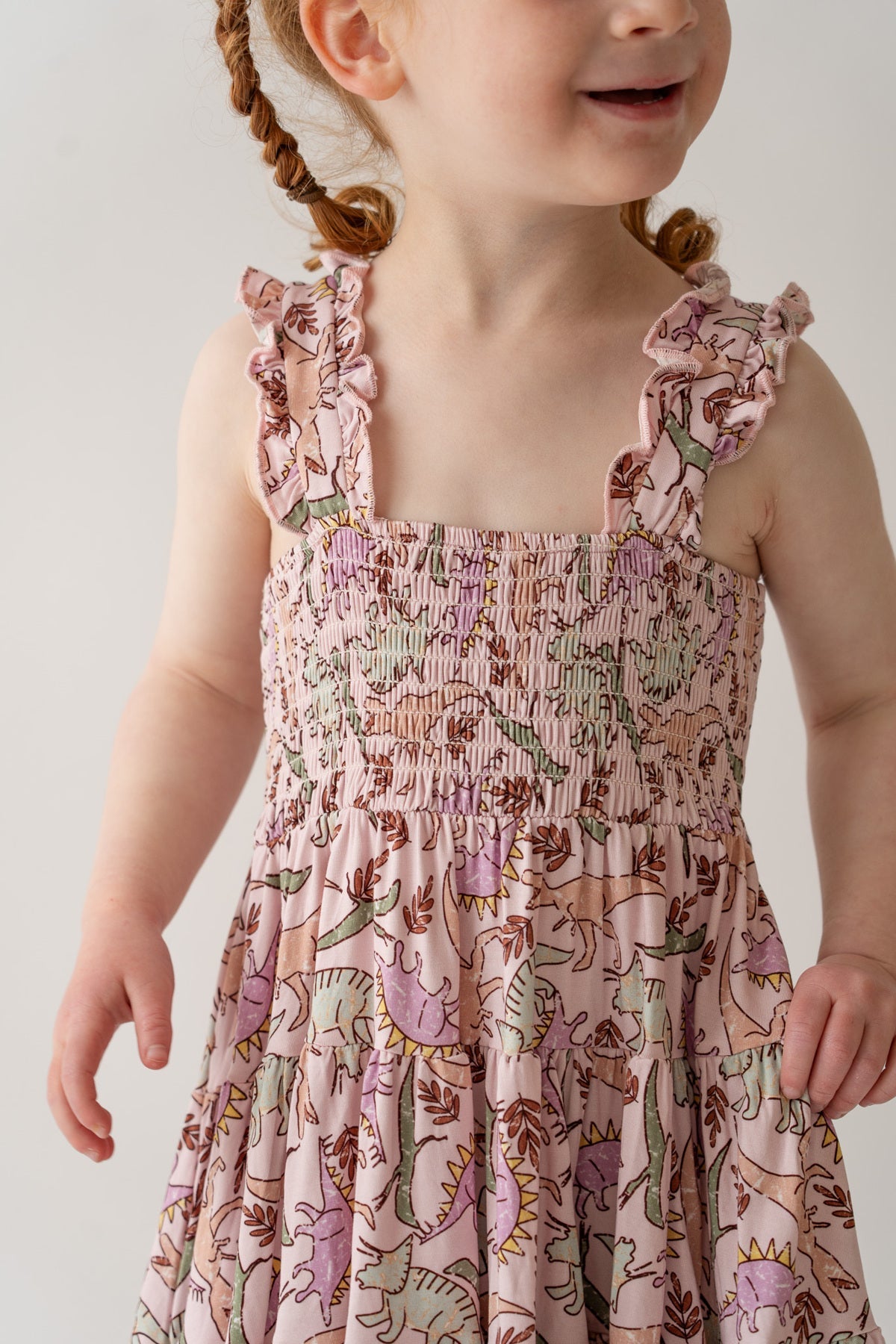 Girl's Shirred Pink Bamboo Blend Dino Print A-Line Dress