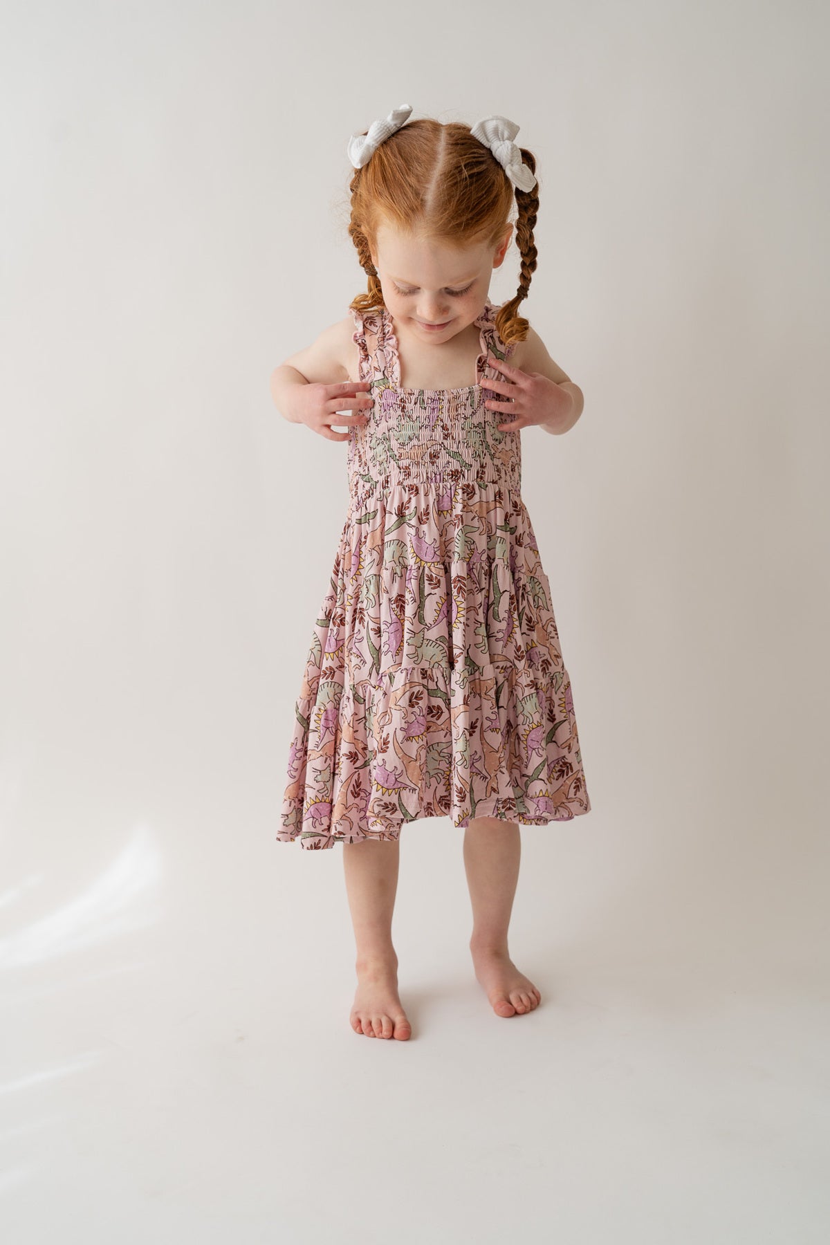 Girl's Shirred Pink Bamboo Blend Dino Print A-Line Dress