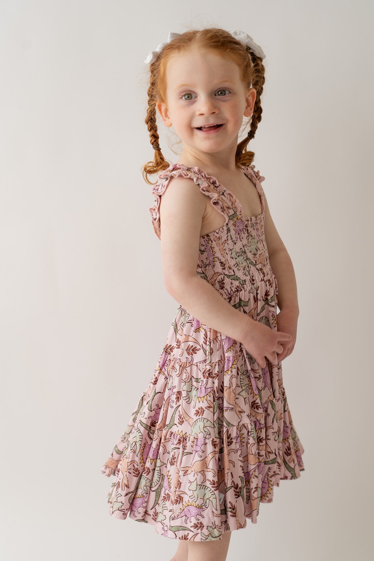Girl's Shirred Pink Bamboo Blend Dino Print A-Line Dress