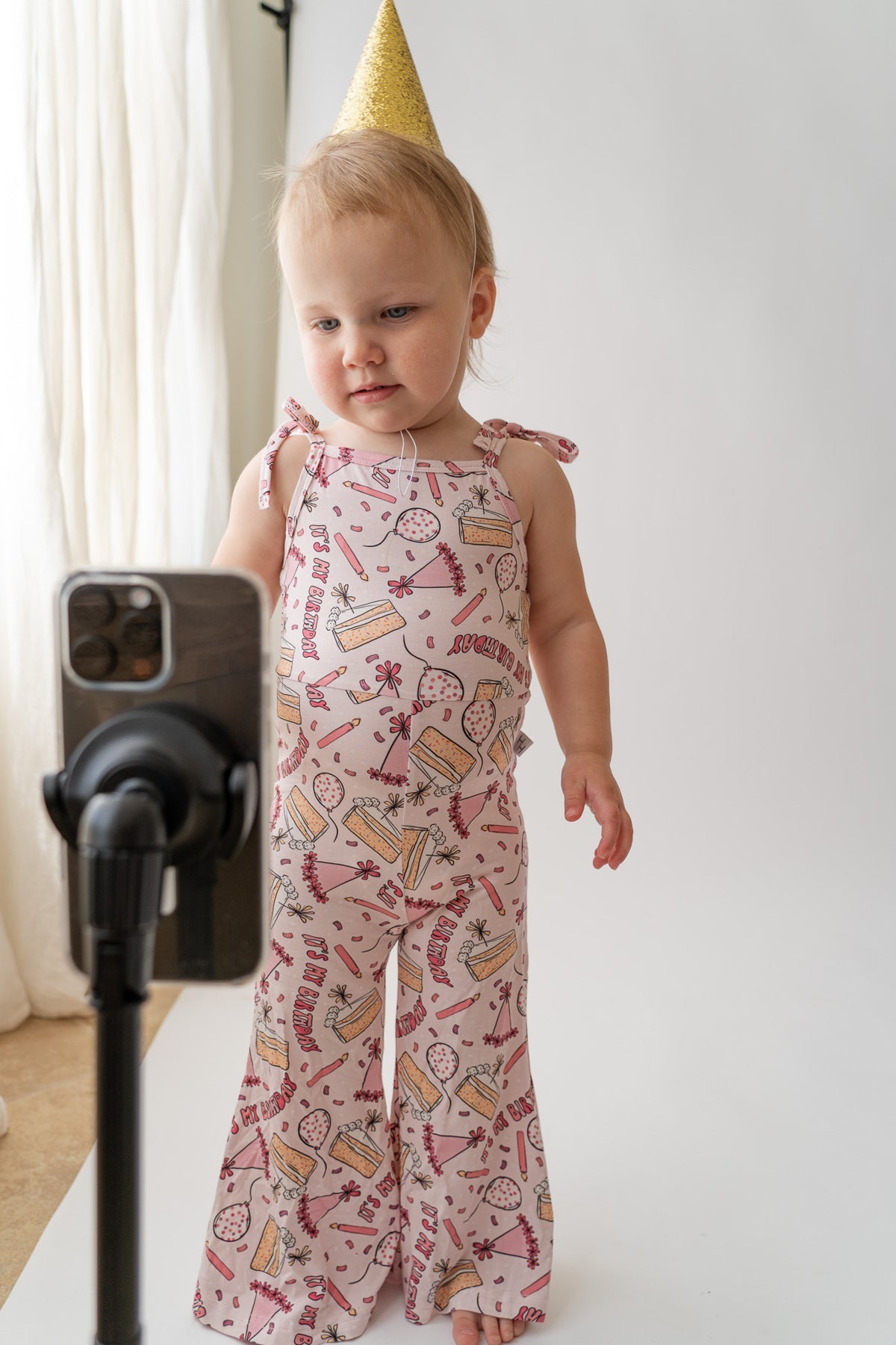 Girls Bamboo & Viscose Tie Straps Birthday Party Print Bell Romper