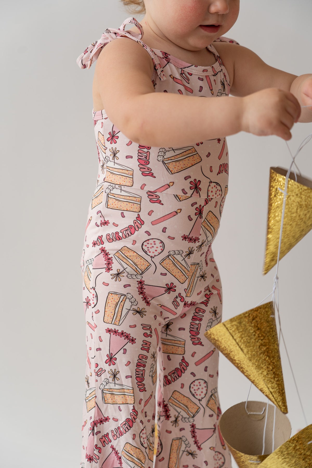 Girls Bamboo & Viscose Tie Straps Birthday Party Print Bell Romper