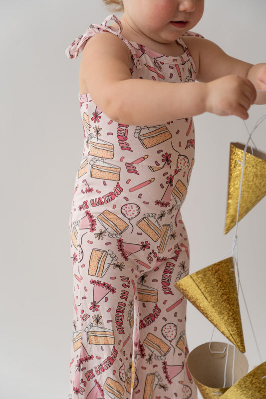 Girls Bamboo & Viscose Tie Straps Birthday Party Print Bell Romper