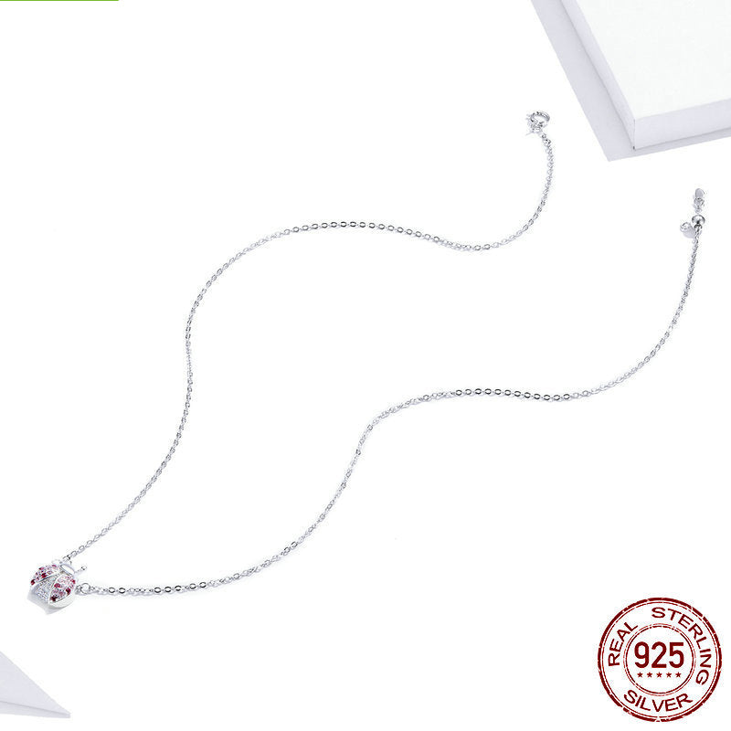 Women's S925 Sterling Silver Ladybug Pendant Necklace with Rhinestones