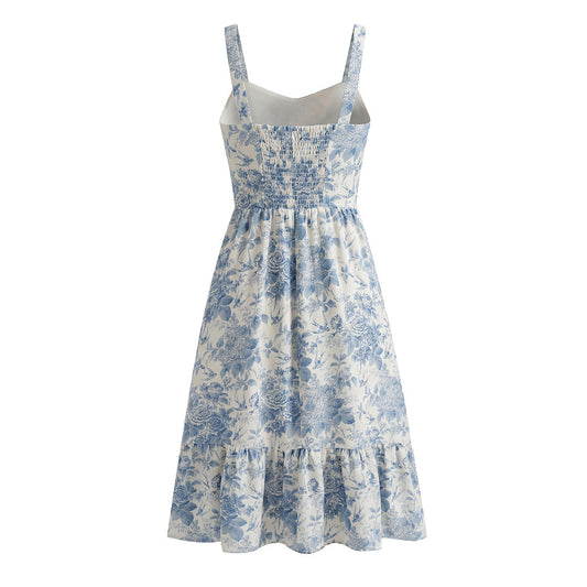 Women's Sleeveless Floral Toile Print Fitted Ruffle Hem Dress