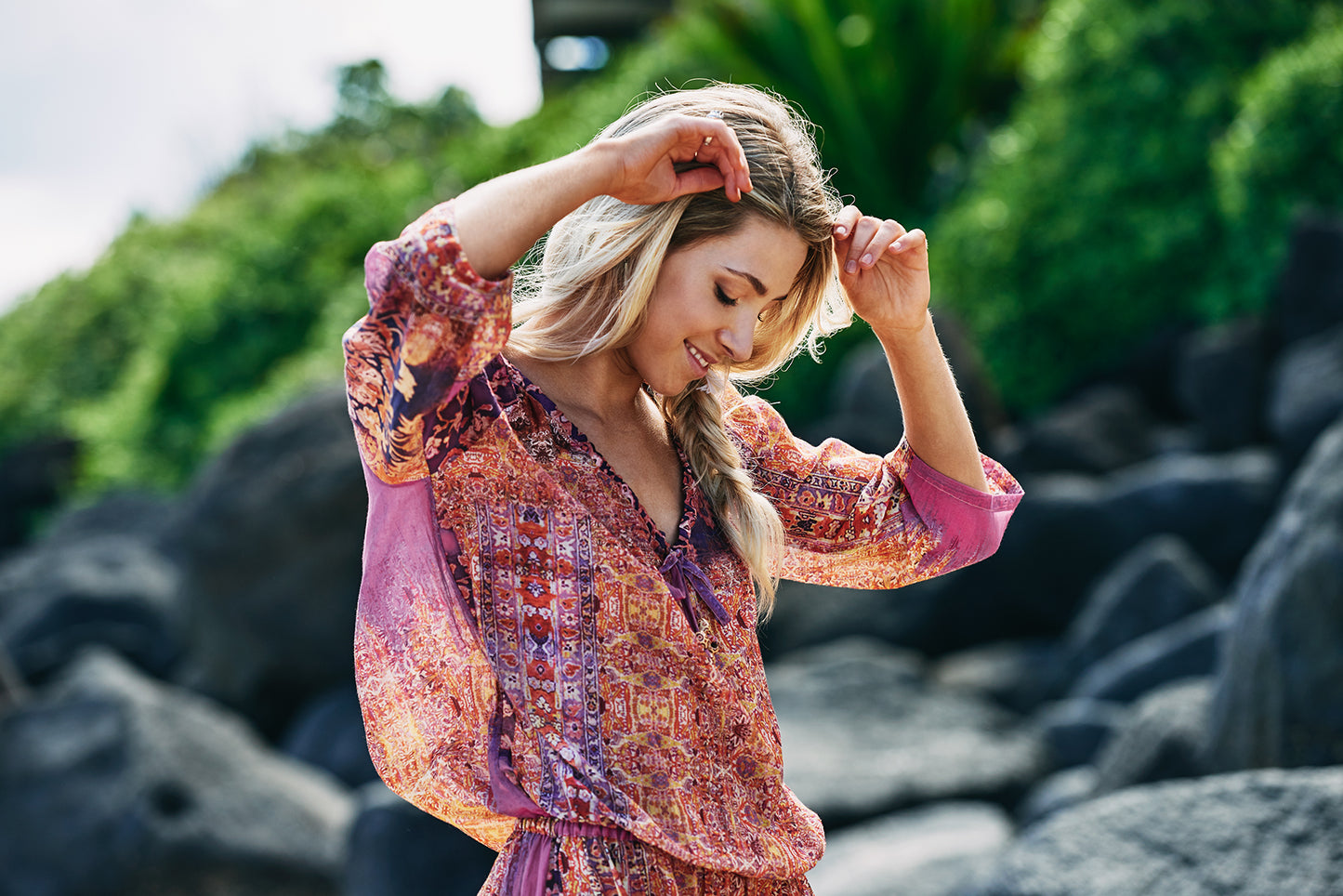 Lightweight silk & cotton 3/4 sleeve Bohemian mini dress in pink mosaic print