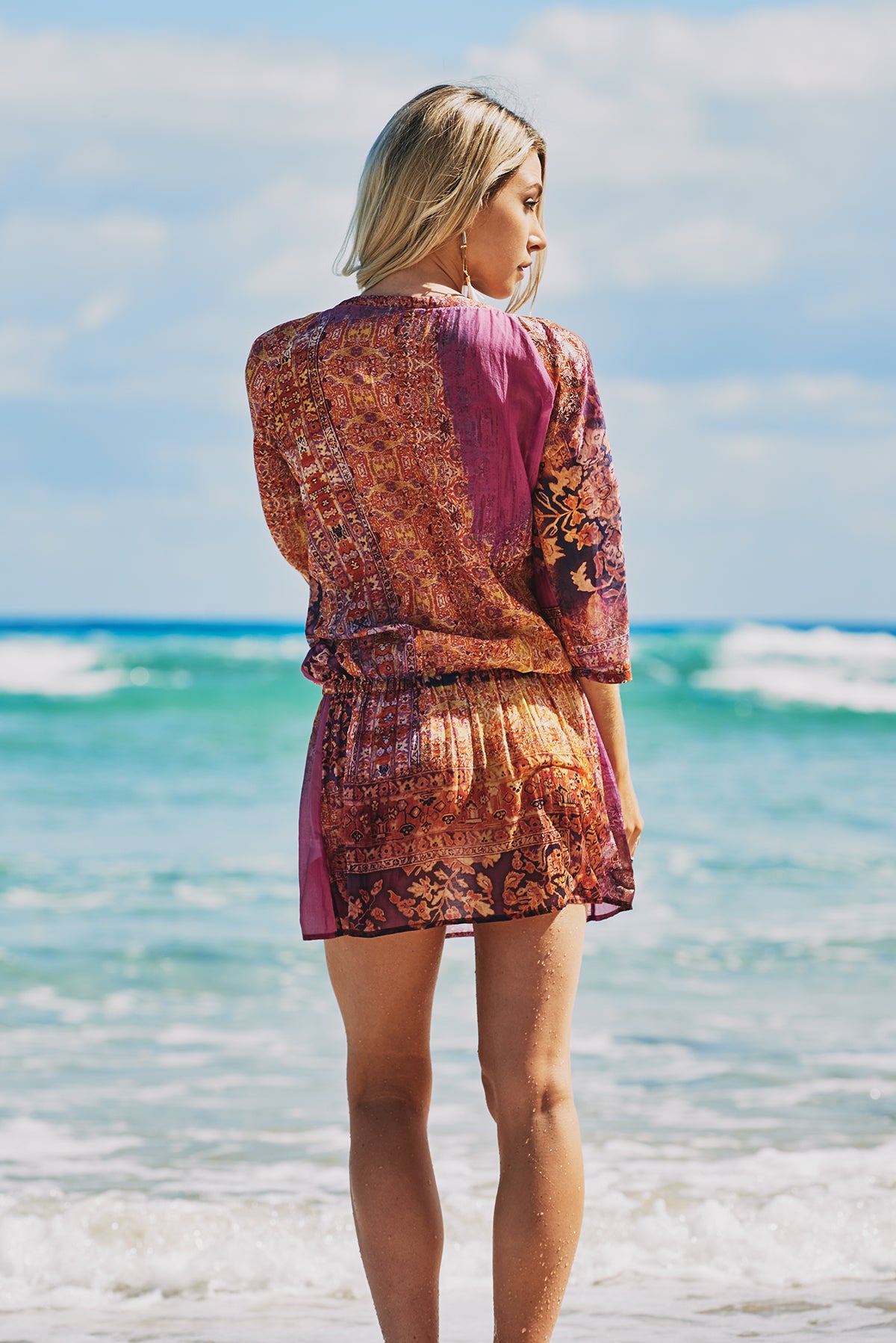 Lightweight silk & cotton 3/4 sleeve Bohemian mini dress in pink mosaic print