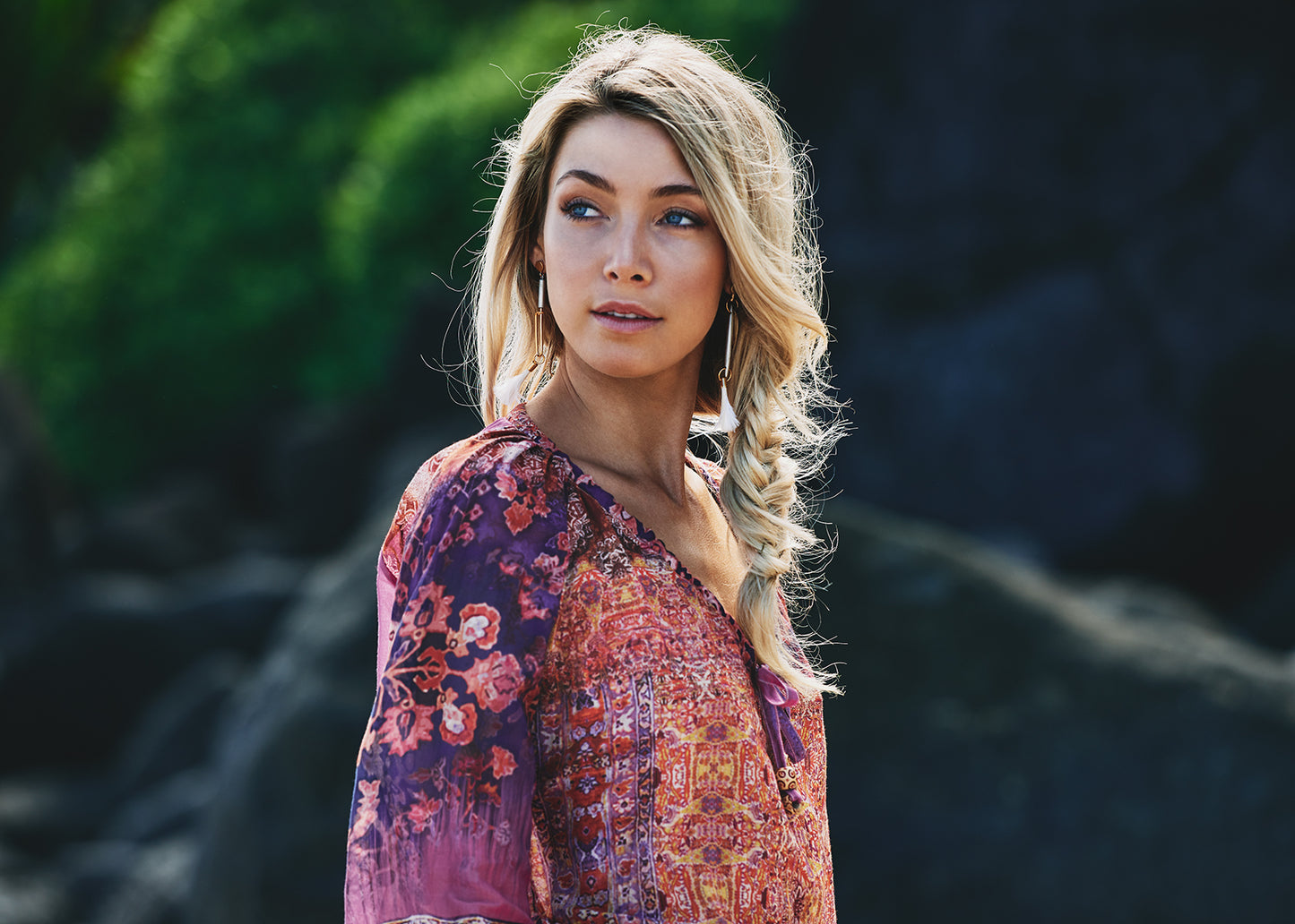 Lightweight silk & cotton 3/4 sleeve Bohemian mini dress in pink mosaic print