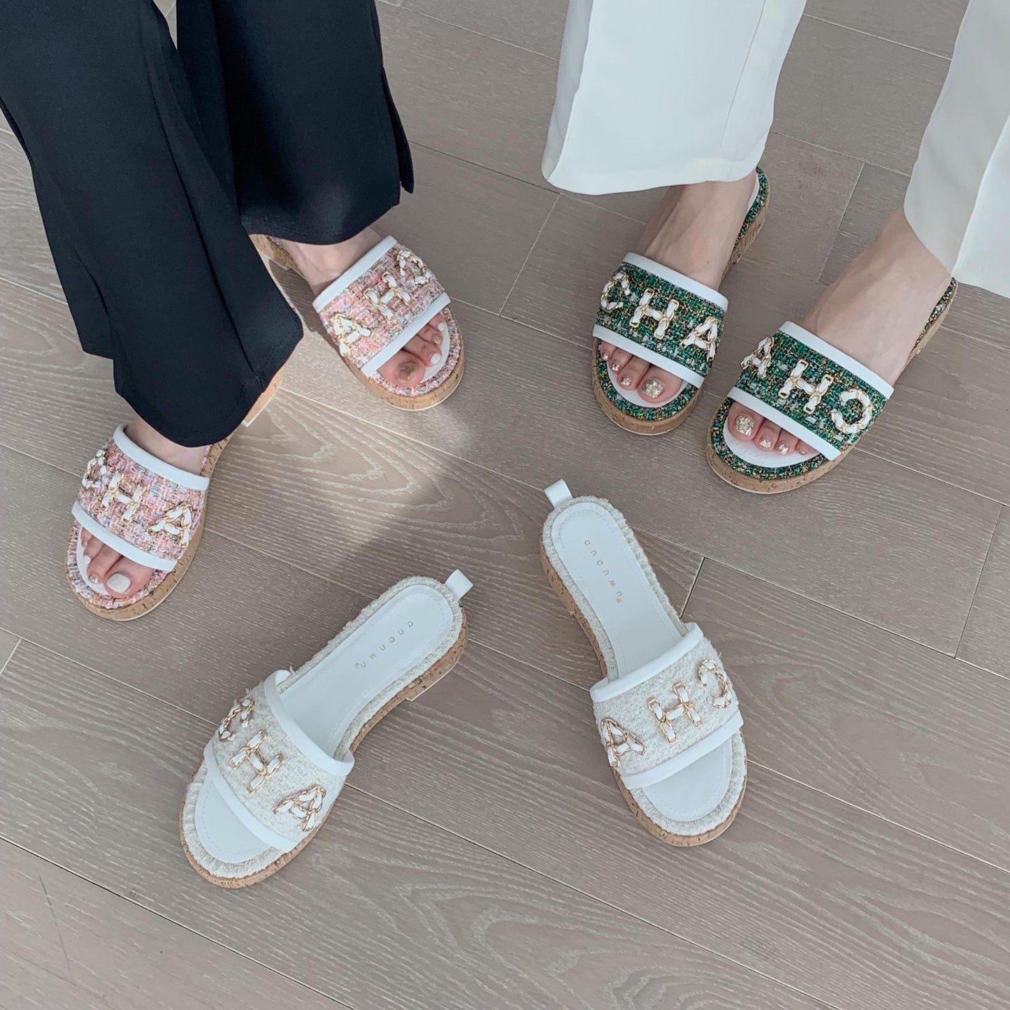 Women's Slip-On Tweed and Metal Chain Detail Cork Slide Sandals