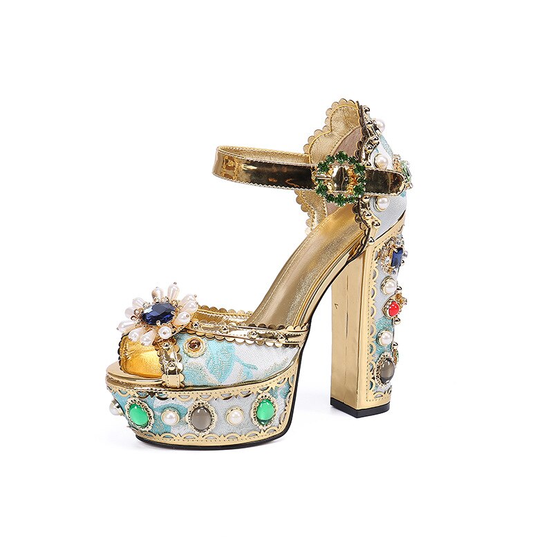 Women's Open Toe Gold-Tone Baroque-Esque Jeweled Decorative Leather Platform Shoes Sandals Heels