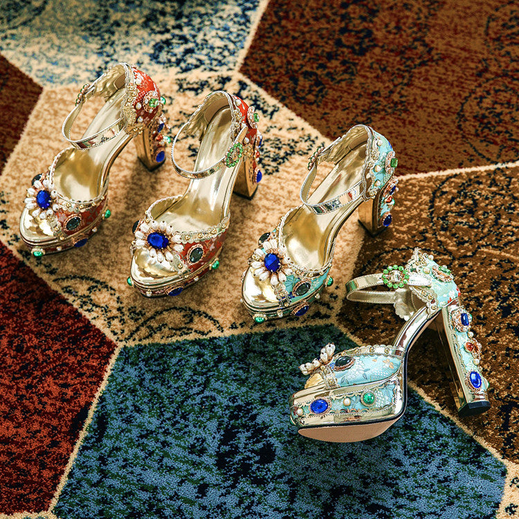 Women's Open Toe Gold-Tone Baroque-Esque Jeweled Decorative Jacquard Platform Shoes Sandals Heels
