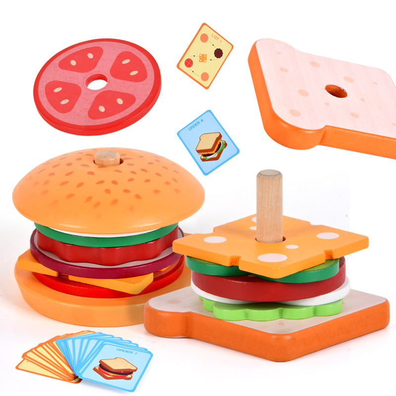 Children's Wooden Pillar Stacking Burger or Sandwich Educational Toy Set