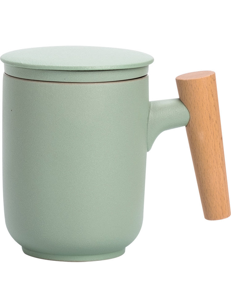 Ceramic Tea Cup with Lid and Wooden Handle