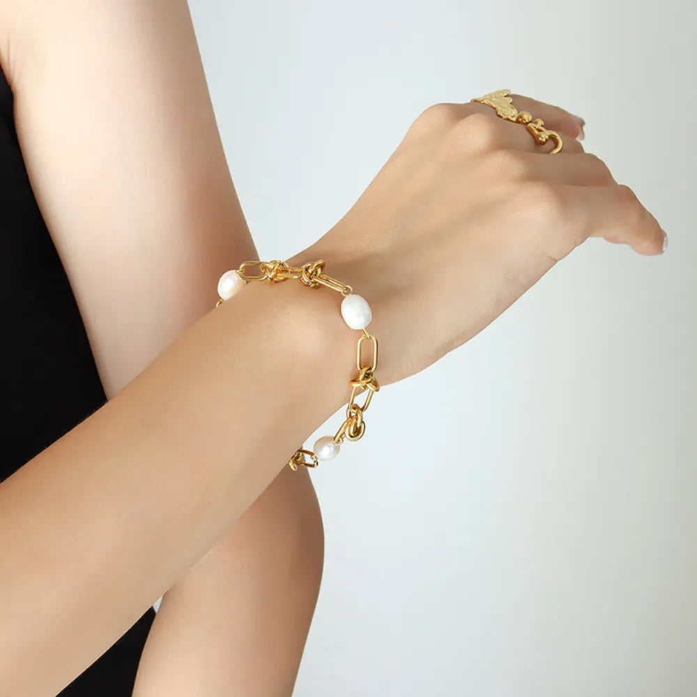 Women's Freshwater Pearl Titanium Steel Chainlink Bracelet
