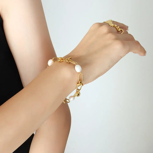 Women's Freshwater Pearl Titanium Steel Chainlink Bracelet