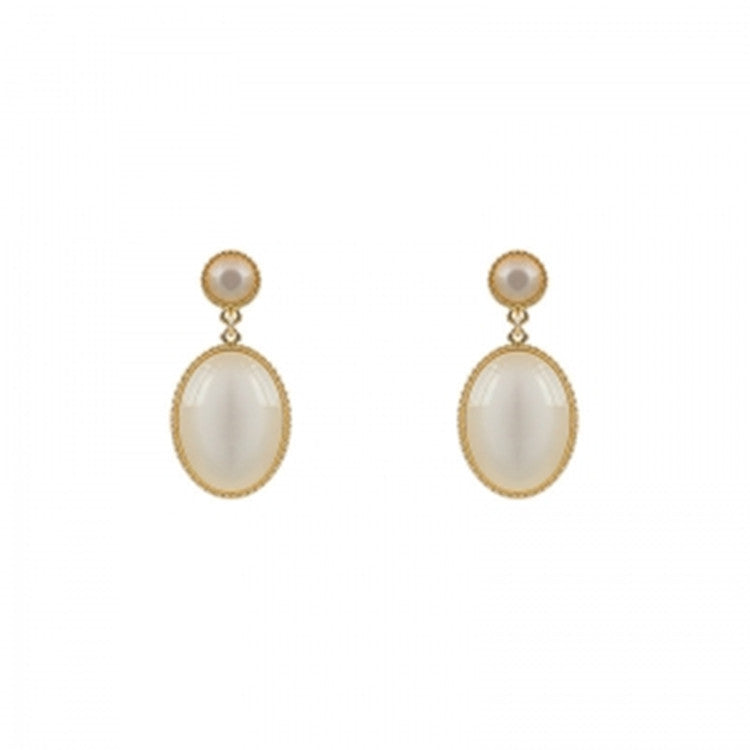 Women's Sterling Silver S925 White Opal Moonlight Cat's Eye Retro Dangle Earrings
