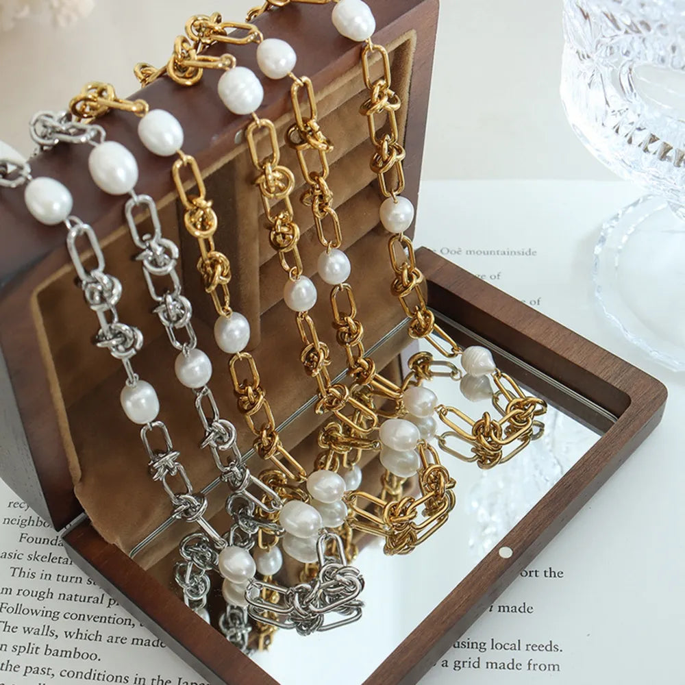 Women's Freshwater Pearl Titanium Steel Chainlink Necklace
