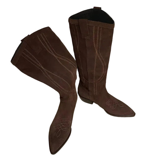 Women's Tall Suede Ranch Style Western Embroidered Cowboy Boots