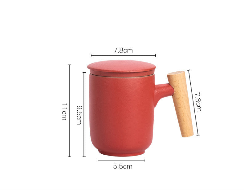 Ceramic Tea Cup with Lid and Wooden Handle