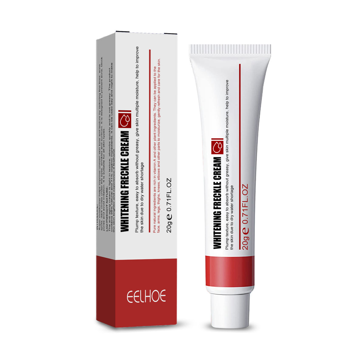 a white tube with red label next to a box