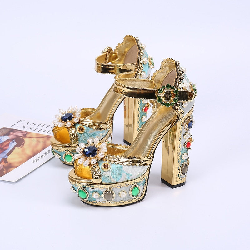 Women's Open Toe Gold-Tone Baroque-Esque Jeweled Decorative Leather Platform Shoes Sandals Heels