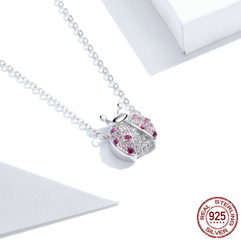 Women's S925 Sterling Silver Ladybug Pendant Necklace with Rhinestones