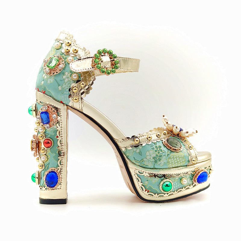 Women's Open Toe Gold-Tone Baroque-Esque Jeweled Decorative Jacquard Platform Shoes Sandals Heels