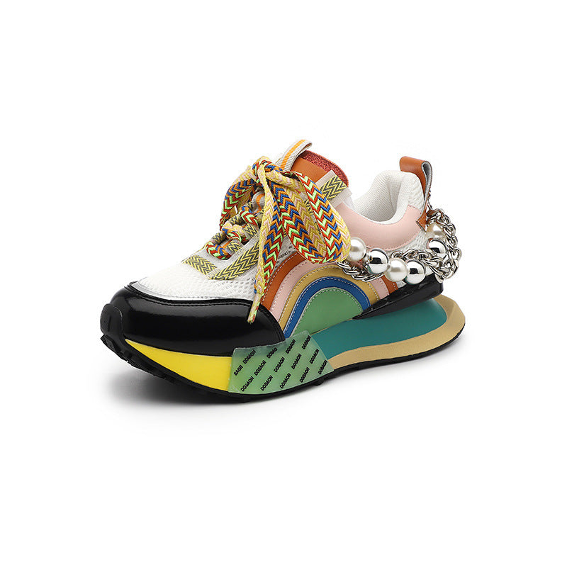 Women's Genuine Leather Decorative Embellished Thick Soled Athletic Shoes