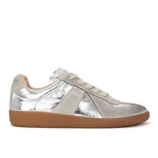 Women's Genuine Leather Metallic Silver Retro Athletic Shoes Sneakers with Stripe Detailing