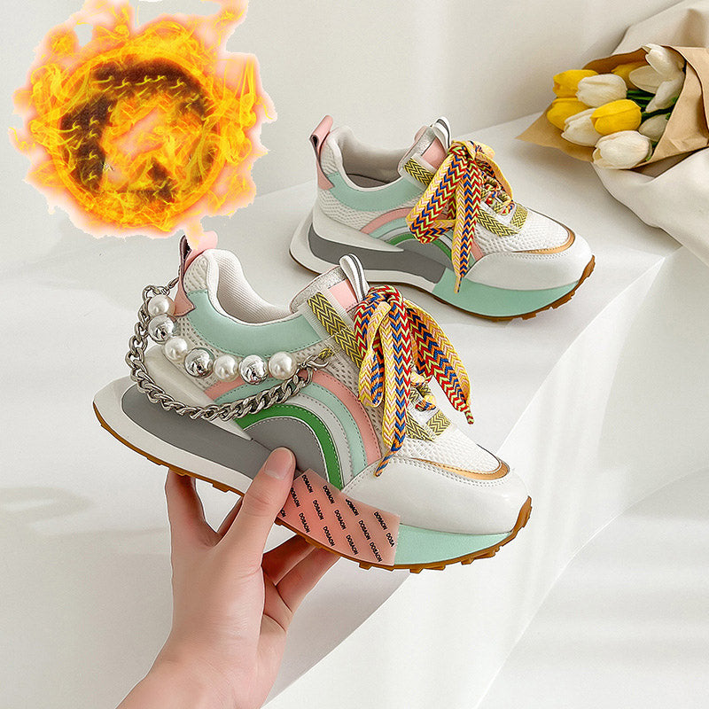 Women's Genuine Leather Decorative Embellished Thick Soled Athletic Shoes