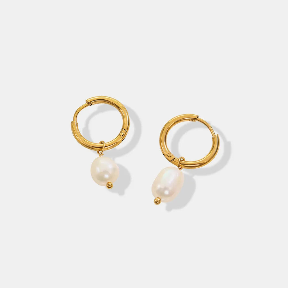 Women's 18K Gold Plated Titanium Steel Freshwater Pearl Drop Hoop Earrings