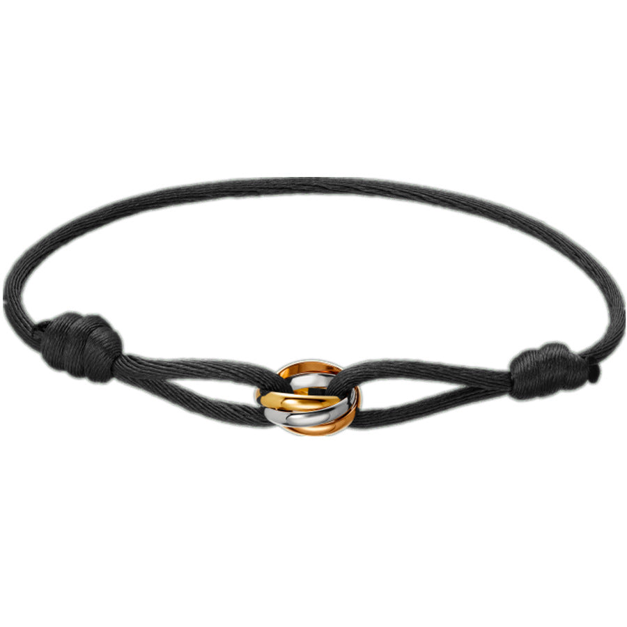 Unisex Woven Cord Bracelet with Stainless Steel Three-Color Classic Eternal Ring