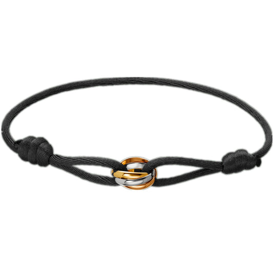Unisex Woven Cord Bracelet with Stainless Steel Three-Color Classic Eternal Ring