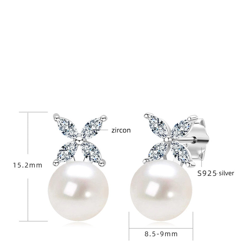 Beautiful Women's Sterling Silver S925, Freshwater Pearl & Zircon Drop Earrings