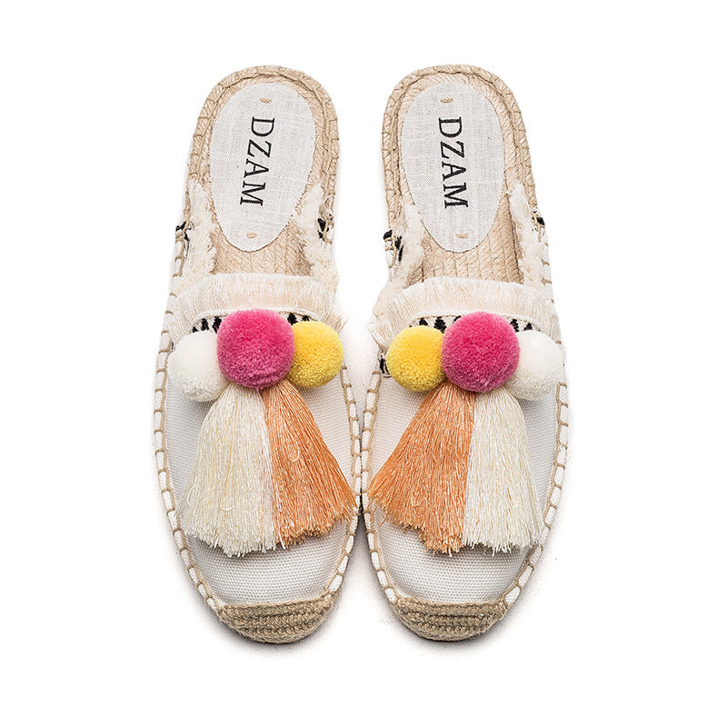 Women's Cute Embroidered Slip-On Open Heel Espadrilles/Shoes with Tassel Embellishment