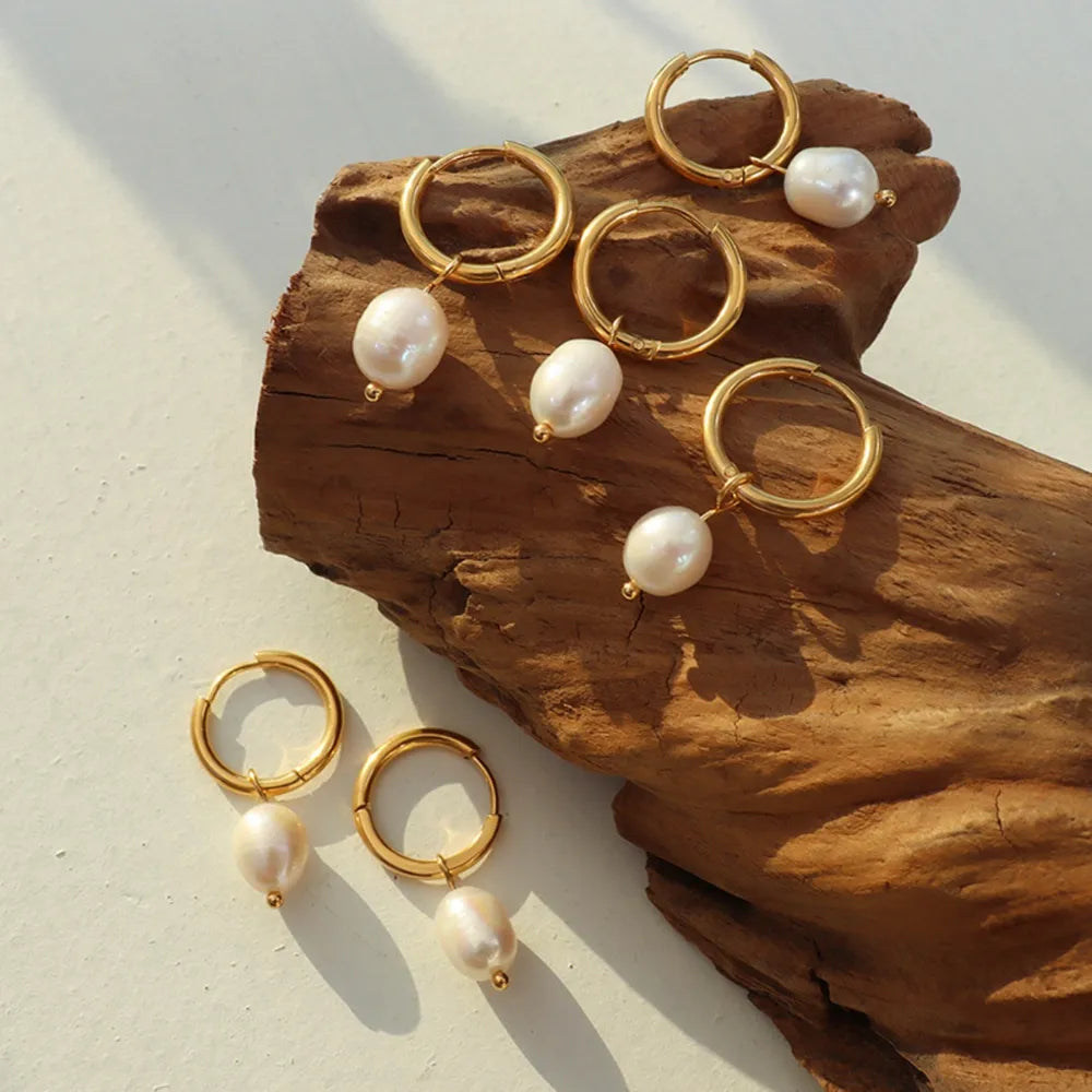 Women's 18K Gold Plated Titanium Steel Freshwater Pearl Drop Hoop Earrings