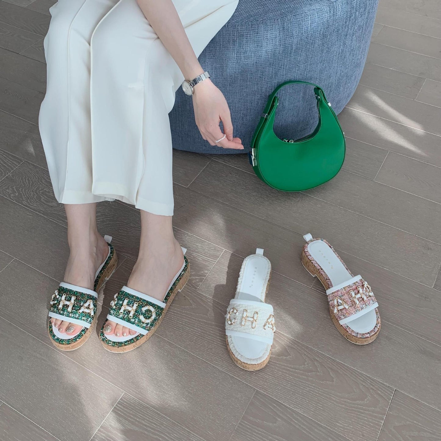 Women's Slip-On Tweed and Metal Chain Detail Cork Slide Sandals