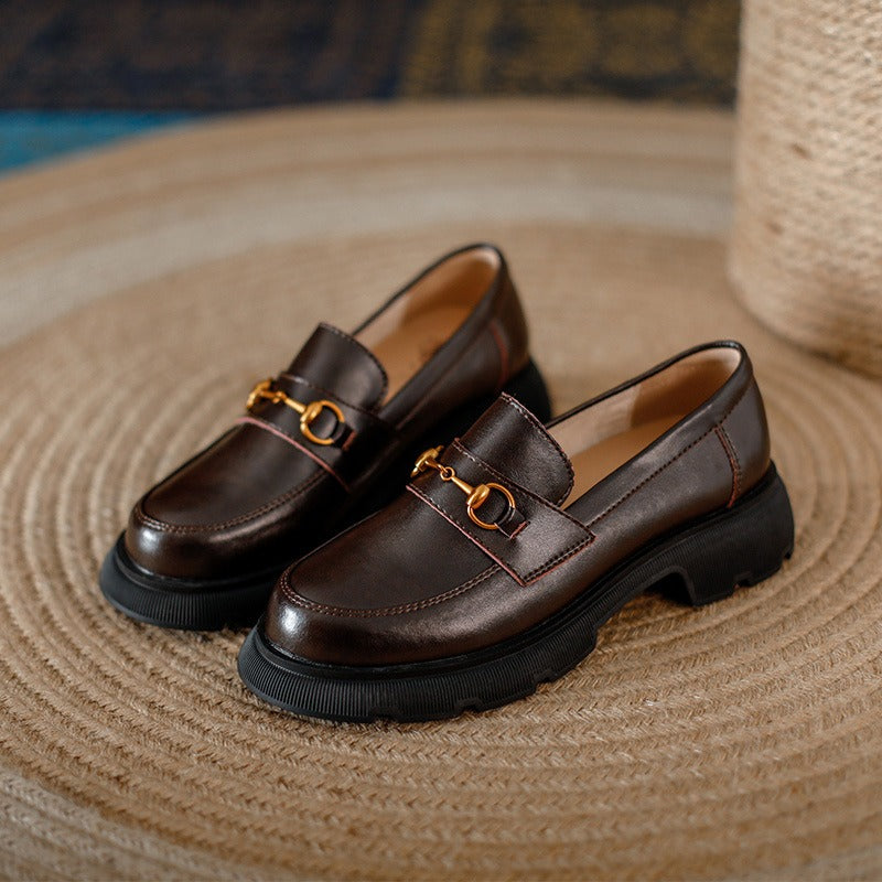 Women's Chunky Rubber Sole Leather Loafers with Gold Tone Buckle Detail