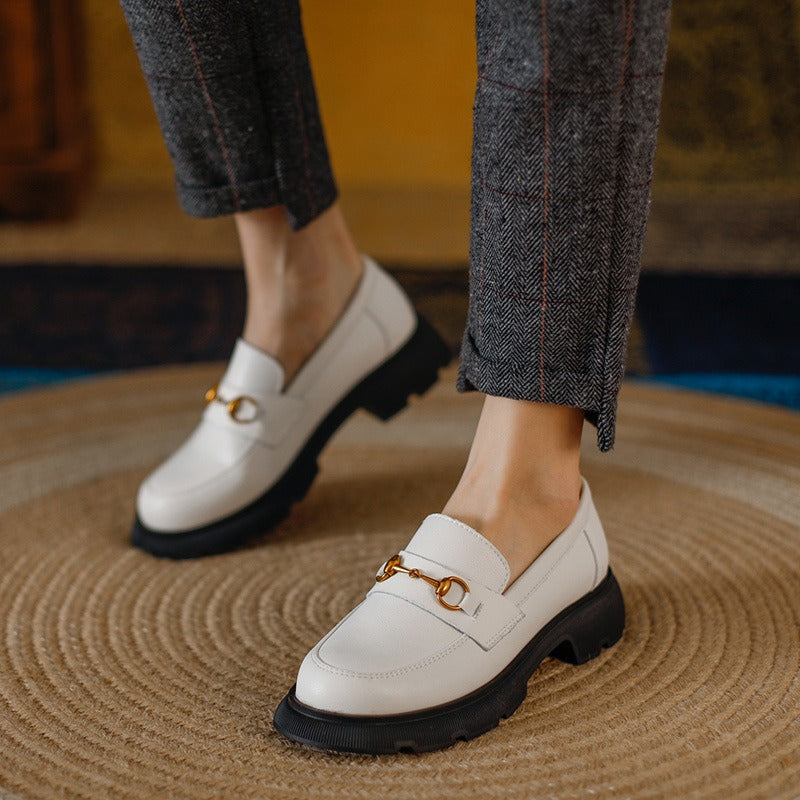 Women's Chunky Rubber Sole Leather Loafers with Gold Tone Buckle Detail