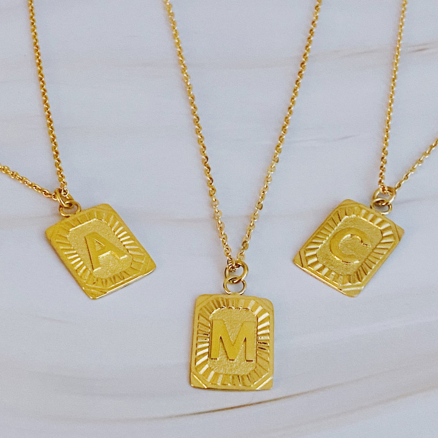 Trendy gold bar inspired Aztec style initial charm with pretty chain - Art Deco Initial Necklace